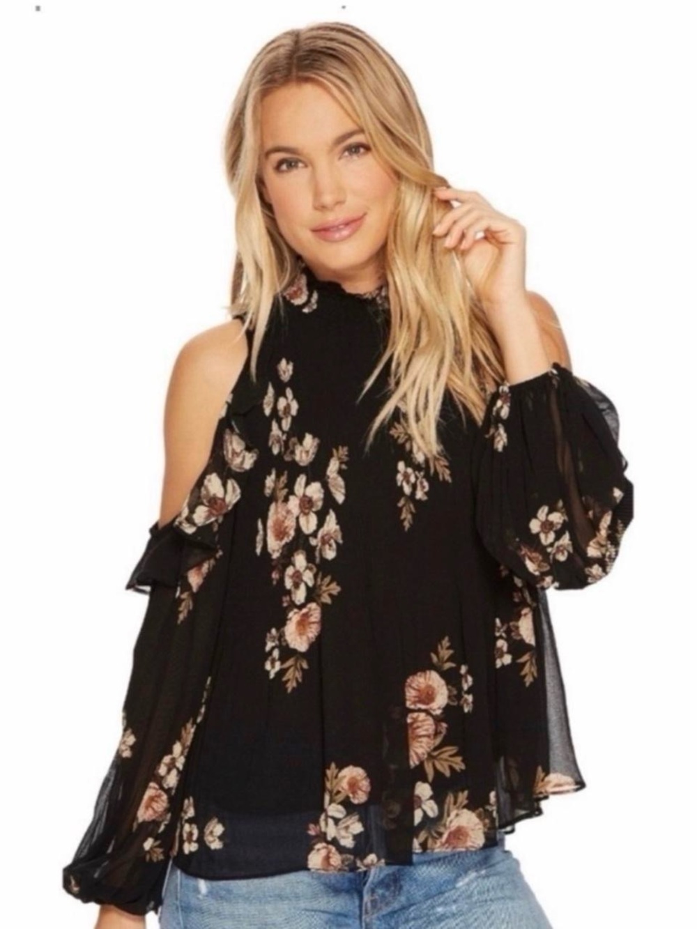 ASTR the label Floral Cold-Shoulder Blouse - Black